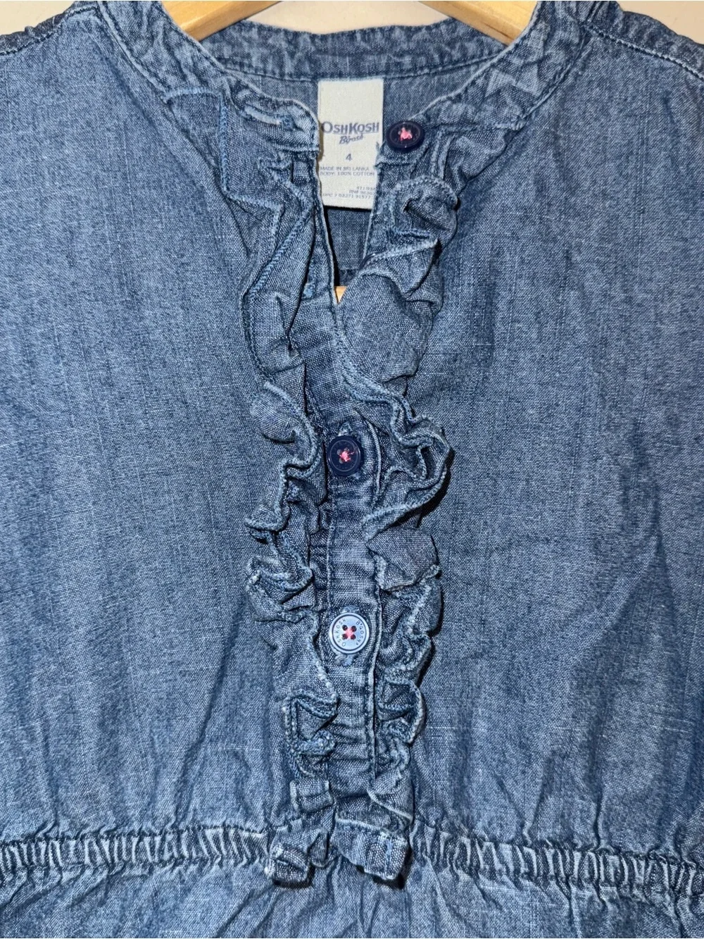 OshKosh Blue Denim Dress Girl’s 4 Button Front Ruffle Casual Summer Cute Party